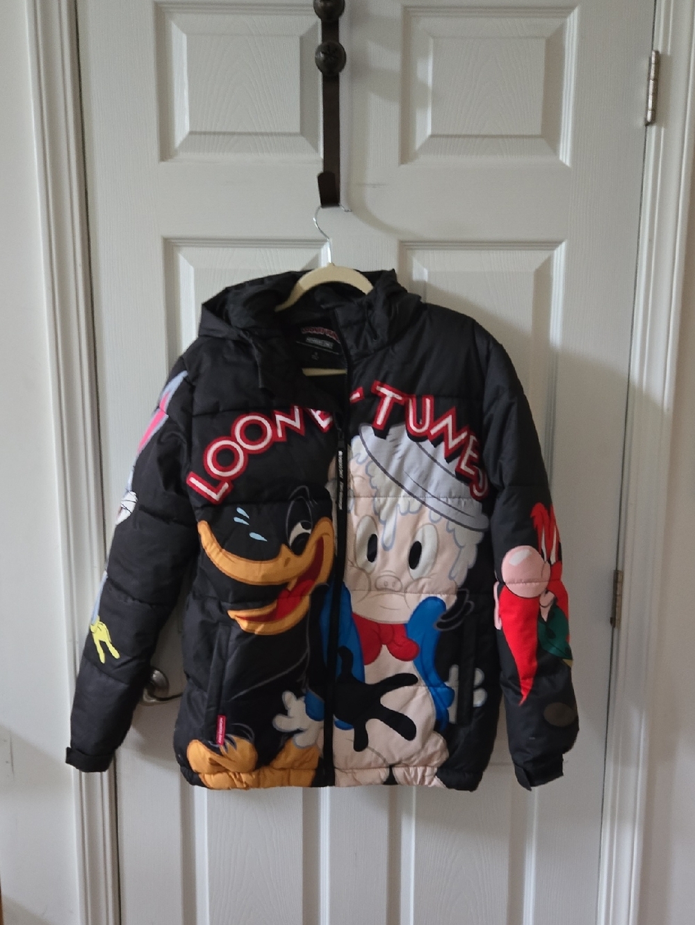 Members Only Black Looney Tunes Puffer Jacket with Multicolor Character Graphics